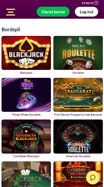 Bordspil-sektionen på Vinder Casino